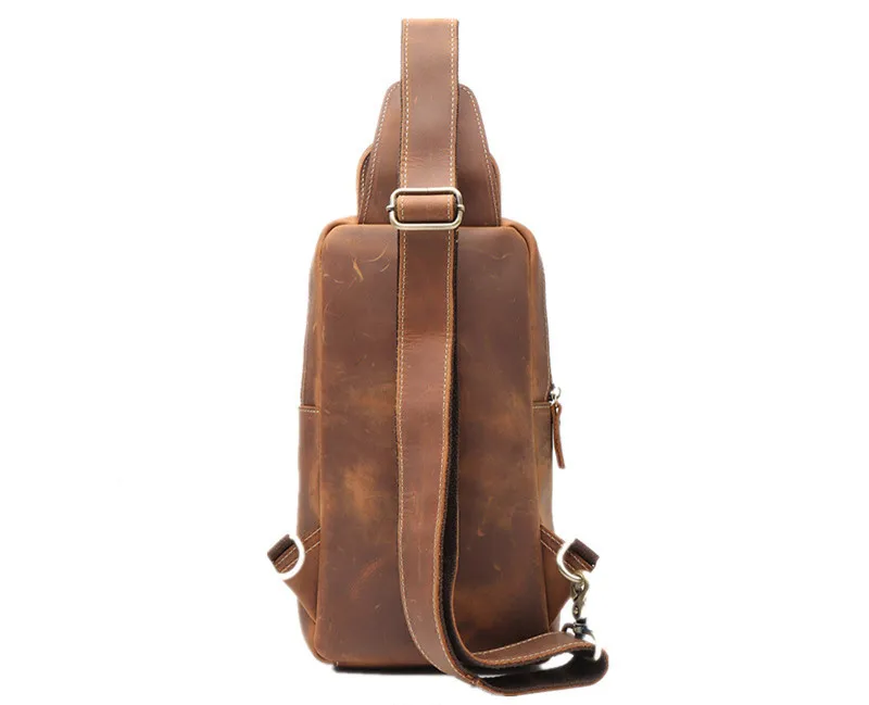 Vintage crazy horse cowhide men chest bag handmade outdoor daily sports natural genuine leather multi-pocket teens shoulder bag