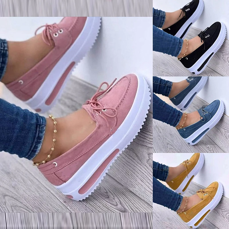 

Women Sport Shoes Thick Bottom Female Vulcanize Shoes Sneakers Solid Color Casual Flat Walking Lace Up Casual Women Shoes