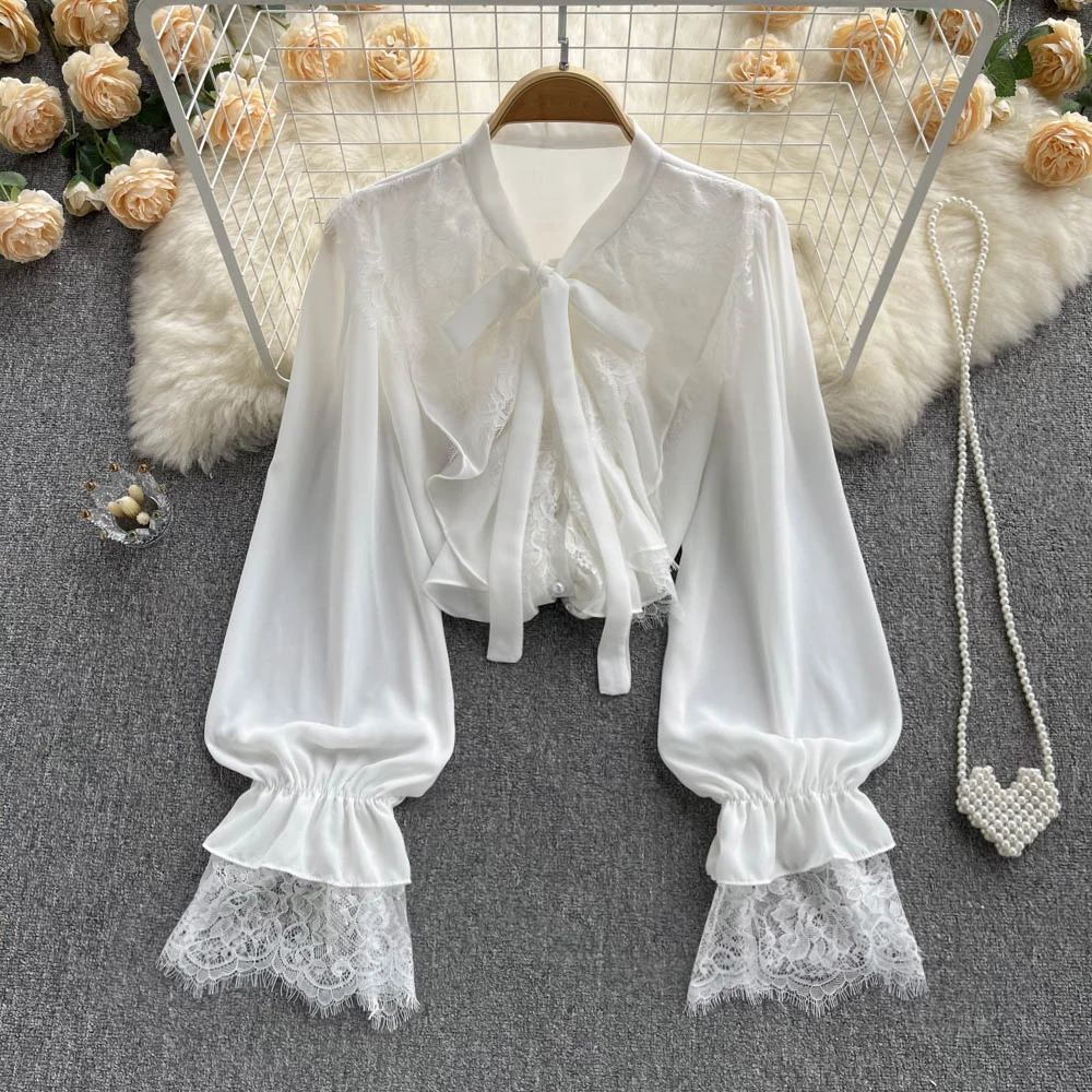 

French Gentle Wind Ruffle Edge Ageing Super Fairy Splicing Lace Chiffon Long-sleeved Peplum Loose Tops