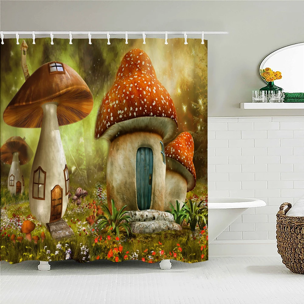 

3D Fantasy Forest Scenery Shower Curtain Cartoon Mushroom House Bathroom Curtains Waterproof Polyester Home Decorate with Hook