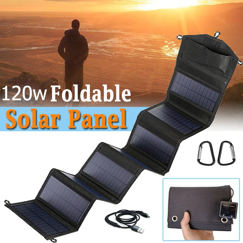 

120W Foldable Solar Panel Portable Charger 5V Dual USB Charging for Camping Portable Power Station Cell Phone Tablet Power Bank