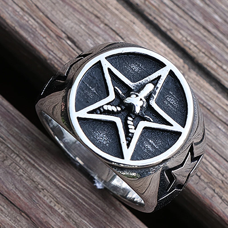 Готическое кольцо с козой пентаграммой сатанинское мужское из нержавеющей стали