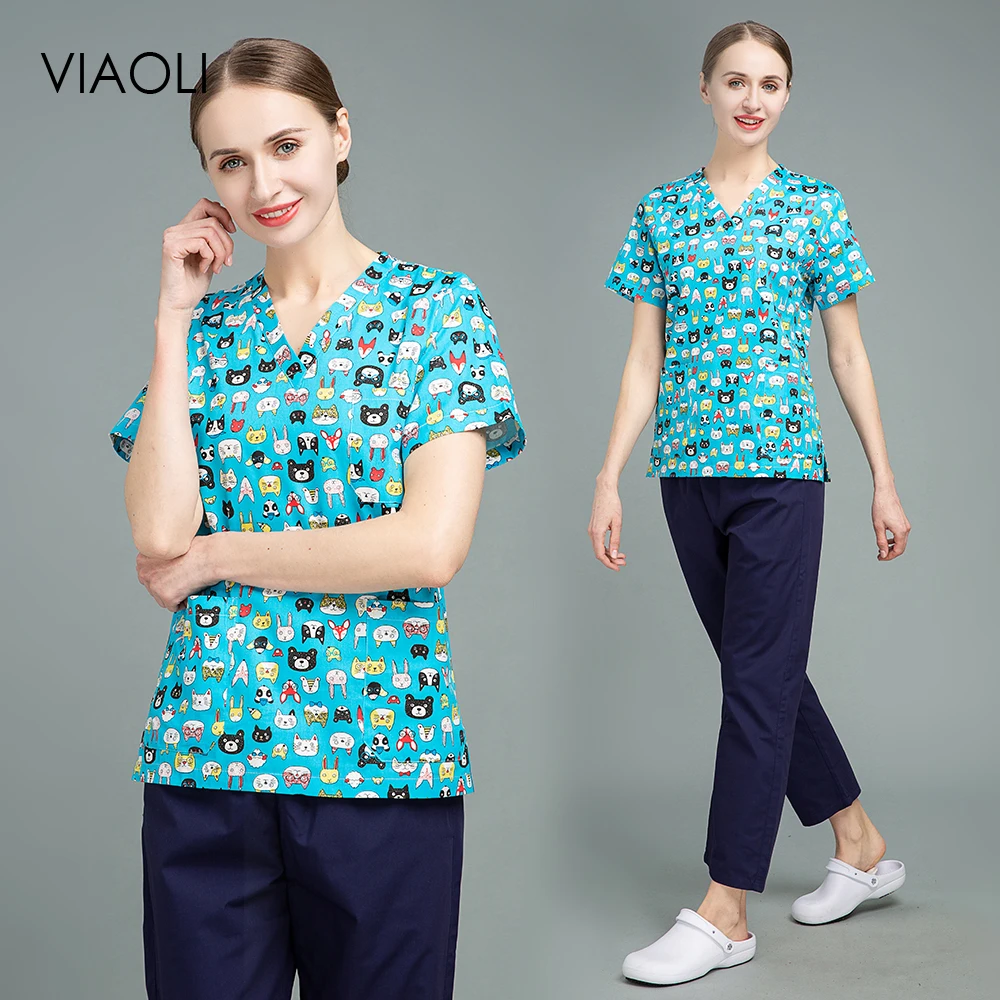 

Wholesale V-neck Tops Work Uniform Nurse Medical Cartoon Short Sleeved Cotton Scrub Tops Blouse Dental Dentist Nursing Workwear