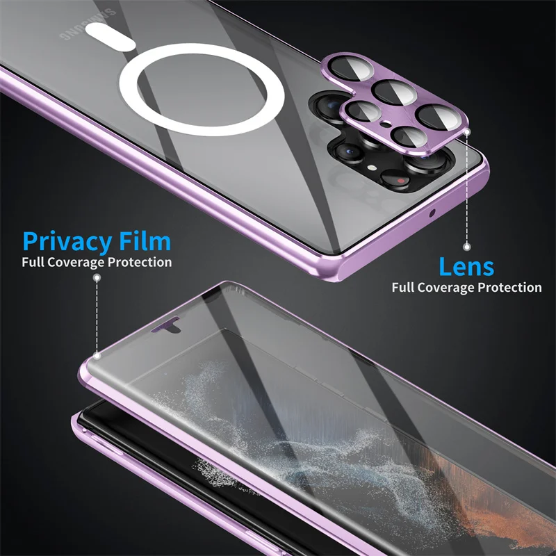For Samsung Galaxy S23 S21 S22 Ultra Magnetic Magsafe Case 360 Full Screen Glass Metal Aluminum Alloy Frosted Protection Cover