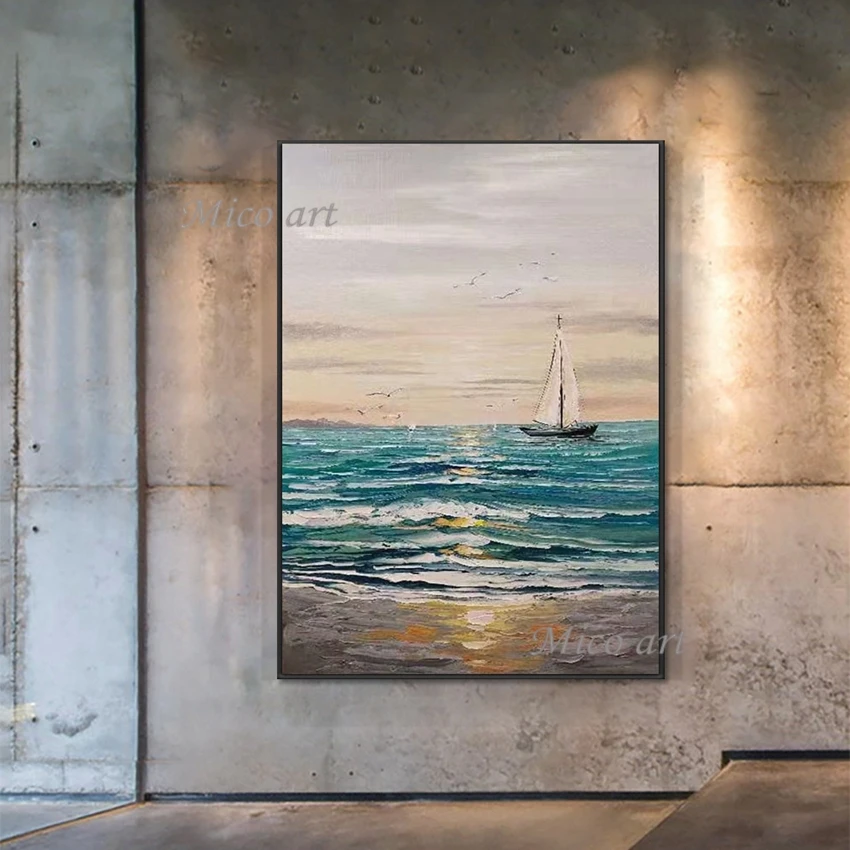 

Современная Картина на холсте морской пейзаж с лодкой и кораблем, ручная роспись, абстрактная текстура, Настенная картина маслом, искусство для декора гостиной