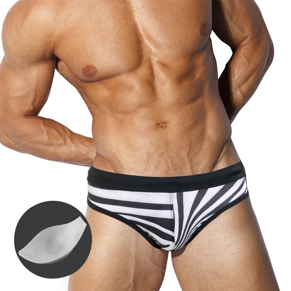

Шорты мужские с принтом в черно-белую полоску, плавки с пуш-ап, пикантные модные трусы в европейском и американском стиле, Пляжное быстросохнущее бикини для серфинга, лето