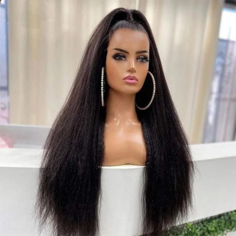 

Kinky Straight Wig Transparent Lace Front Wigs Glueless Fiber Hair Wigs Yaki Straight Lace Front Wig Pre Plucked 26inch 180densi