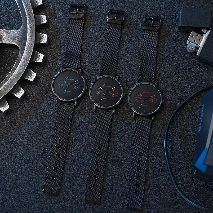 Мужские кварцевые часы с сетчатым браслетом светящиеся большим циферблатом