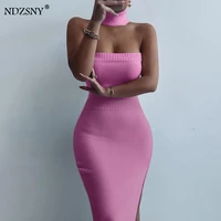ndzsny 2022 women spring sexy backless sleeveless knitting sweater wrap neck dresses party club split strapless slim fit dress