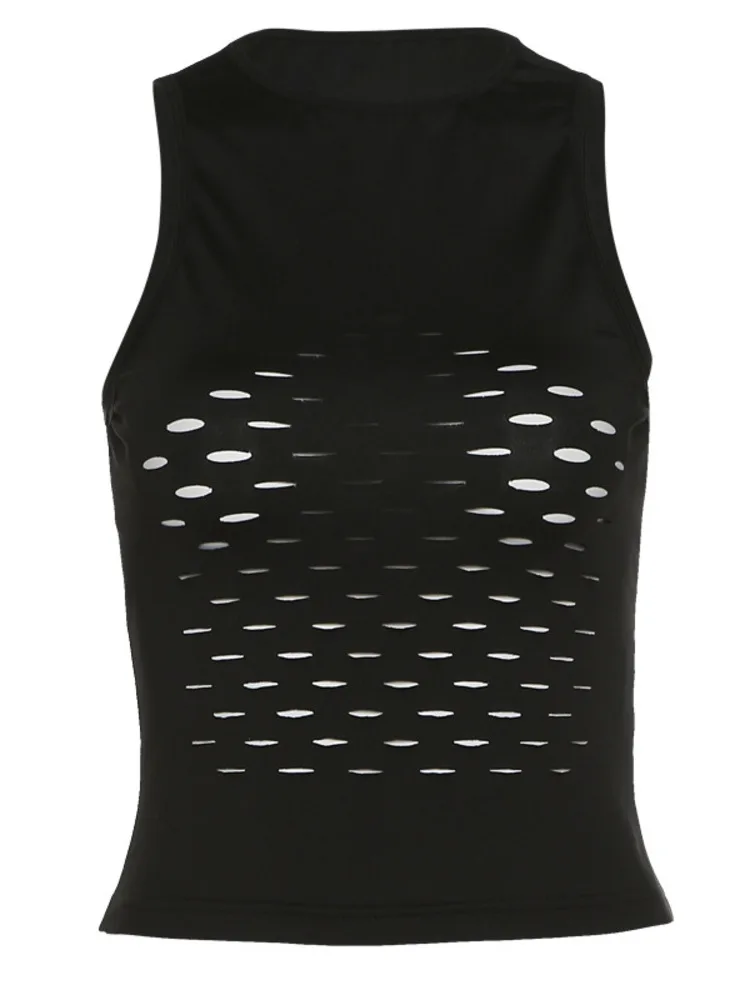 

2022 Summer Crop Top Women Fashion Round Neck Solid Color Hollow Out Basic Tank Top Female Streetwear Sleeveless Short Tee