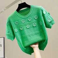 fashion flower decoration hollow out green knit pullover female knitting t shirt short sleeve short thin summer knitwear women