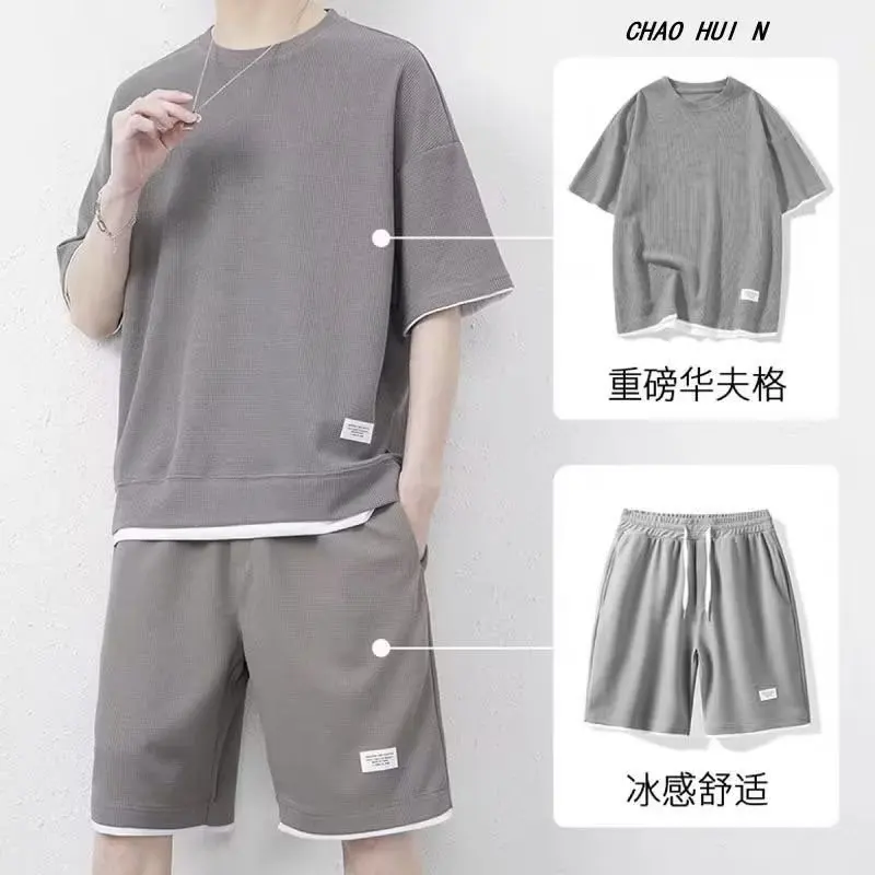 

Summer Men's Two Piece Set Waffle Fabric Casual T-Shirt and Shorts Set Mens Sports Suit Fashion Short Sleeve Tracksuit