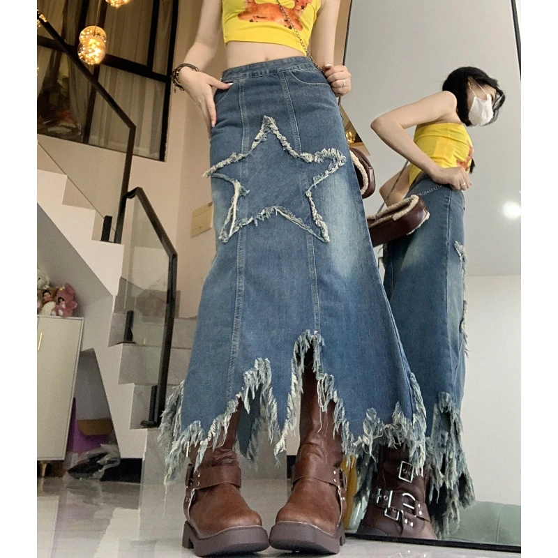 

Summer Long Jean Skirt Vintage Blue Women Y2K Denim Trumpet Skirt Streetwear Style Casual Irregular High Waist Female Skater