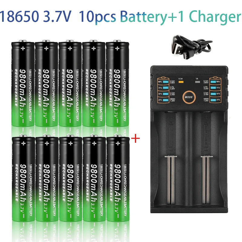 

100%18650 Lithium Batteries Flashlight 18650 Rechargeable-Battery 3.7V 9800 Mah for Flashlight + USB Charger