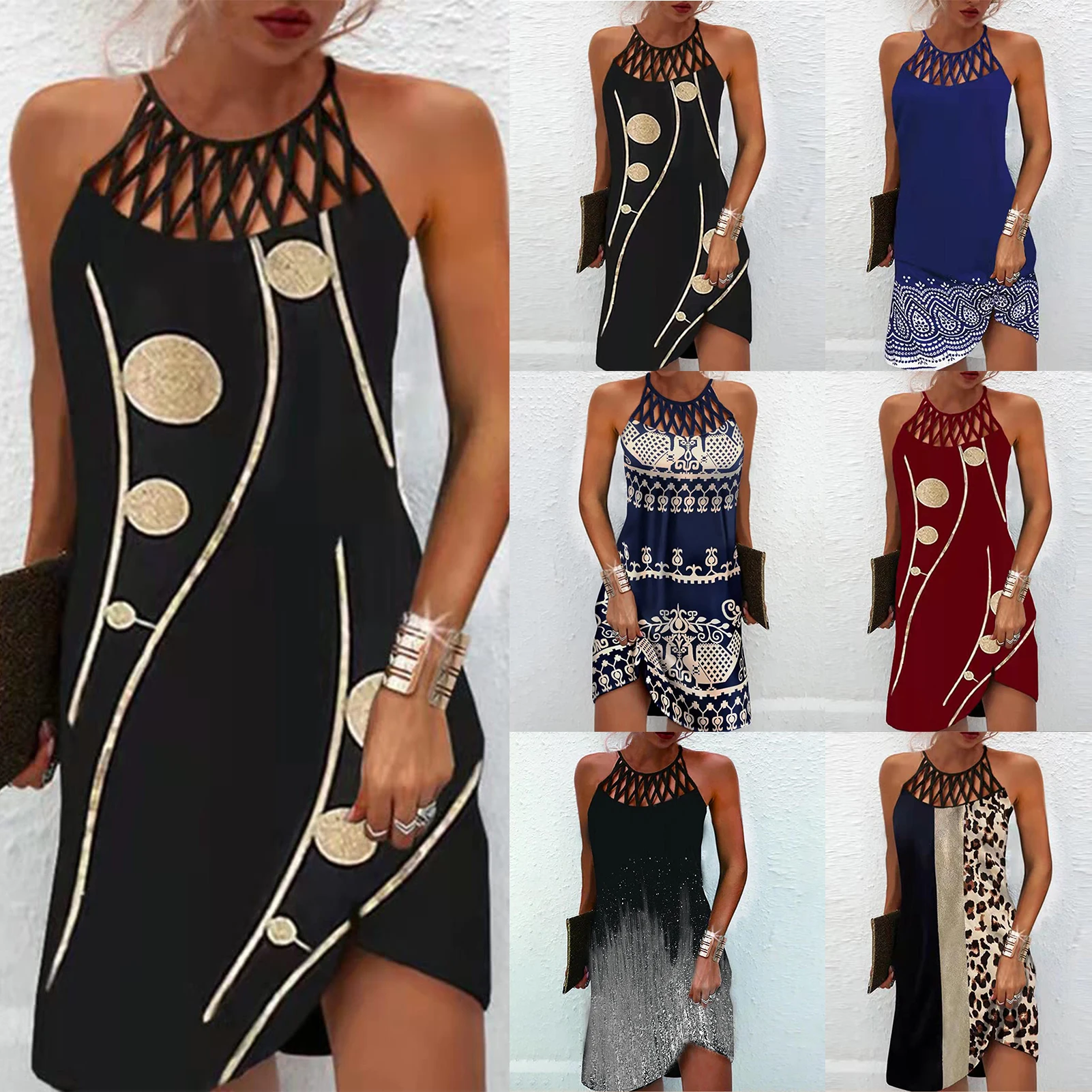 

Sexy Off Shoulder Summer Bodycon Dress Hollow Out Printed Backless Daily Outfit Fashion Evening Party Vestidos