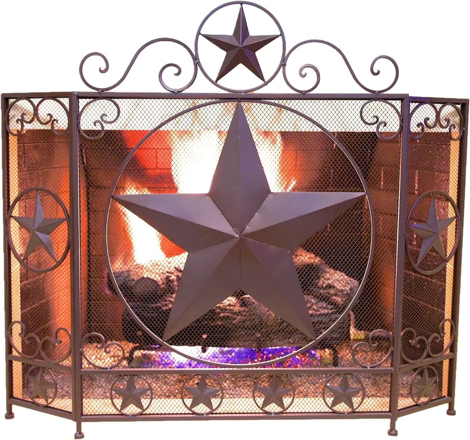 

Metal Foldable Fireplace Screen with Star in Brown Metal Mesh Rustic Western Country Style