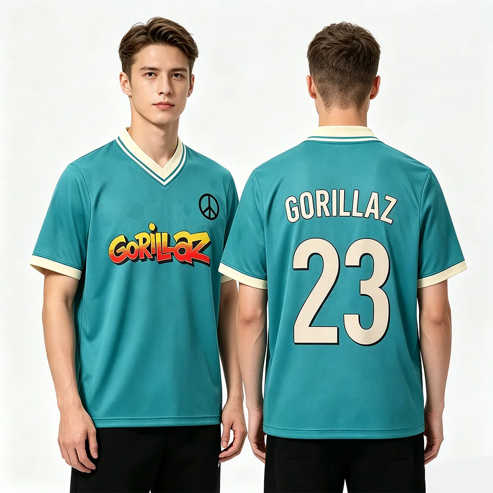 Фото Футболка Gorillazs FC Soocer Jersey Albums The Mountain Mesh, женская и мужская, свободного кроя, повседневная, дышащая, с V-образным вырезом, с коротким рукавом №1