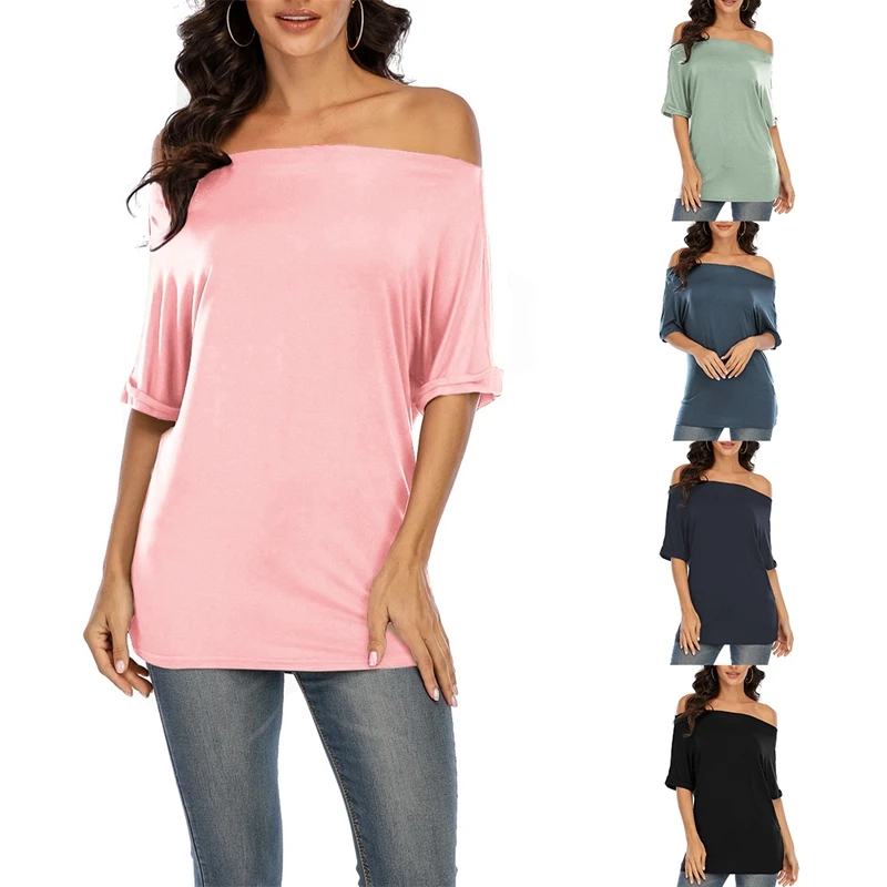 

Women's Fashion Casual Solid Color Strapless Short Sleeve T-Shirt Top