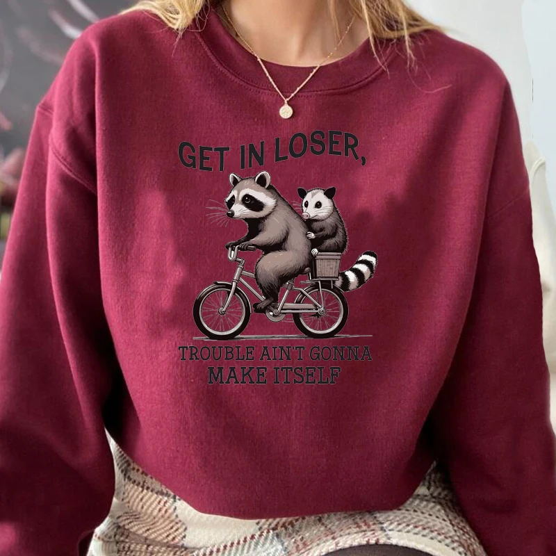 Фото Get in Loser Sweatshirt Trouble Ain't Gonna Make Itself Funny Raccoon Sweatshirts Hooded Harajuku Pullover Long Sleeve Clothing №2