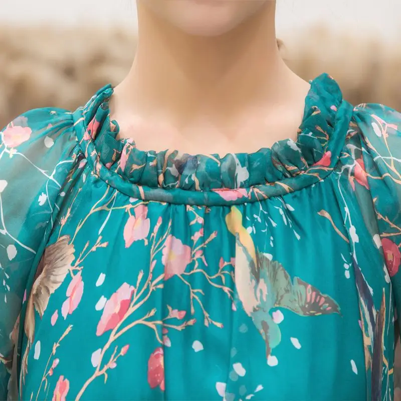 2023 Boho Floral Print Party Dress Women Vestidos Elegant Fashion Loose Chiffon Long Sleeve Muslim Abaya Islamic Clothing Robe