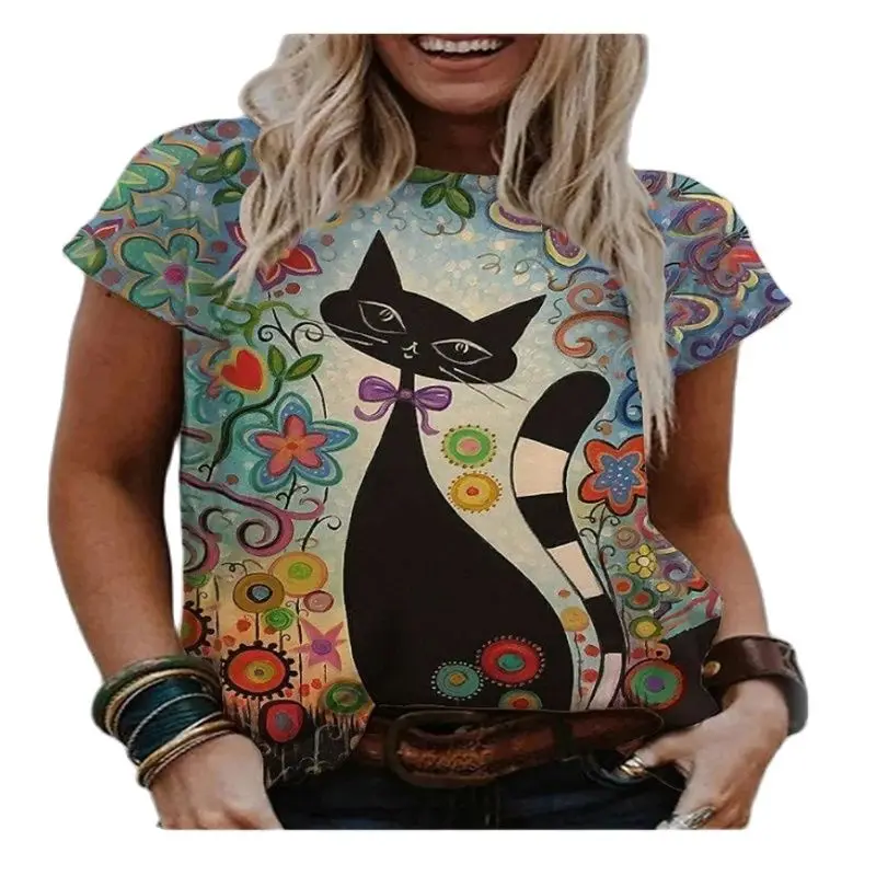 

Cute Summer Women's T-Shirt Cat Pattern Fashion 3d Printing Regular Breathable Shirt Women's Short Sleeve Loose T-Shirt