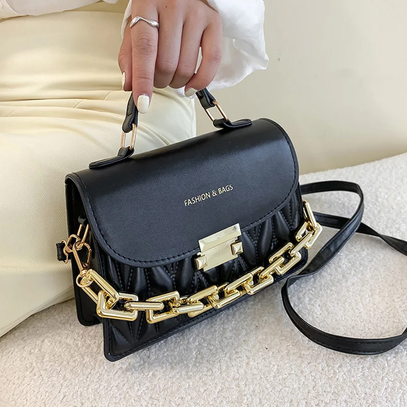 

New Embroidery Shoulder Bags for Women Thick Chain Handbags Female Purse PU Leather Flap Crossbody Bags Fashion Designer