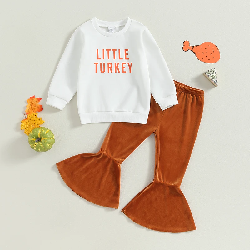 

Toddler Girls Thanksgiving 2 Piece Outfits White Long Sleeve Letter Print Pullover Solid Color Pants Children's Clothing Sets