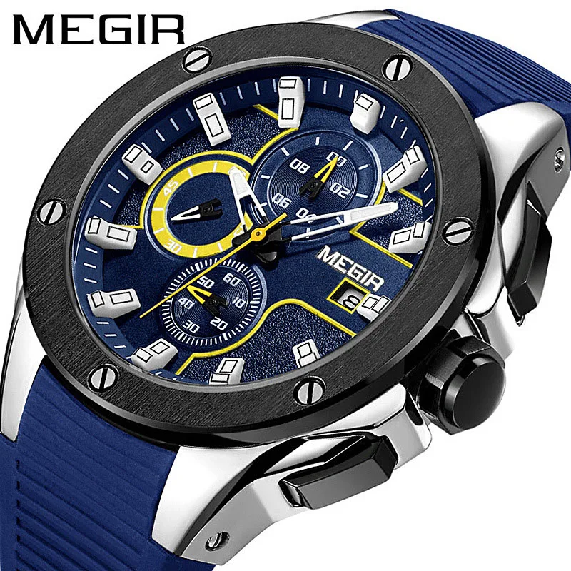 

MEGIR Men's Watches Sports Chronograph Quartz Wristwatches Silicone Strap Military Luminous Waterproof Date Watch reloj hombre