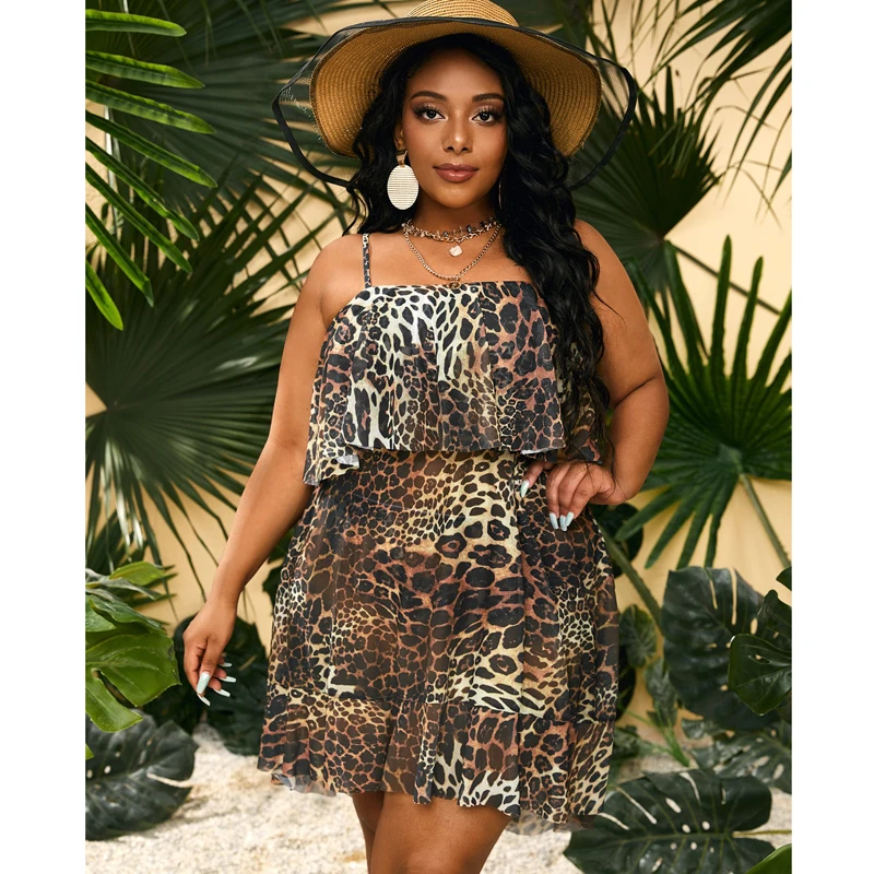 2022 Plus Size 8XL Swimsuit Women Tankini Tummy Control Tank Top With Shorts Two Piece Leopard Print Swimwear Lady Bathing Suit