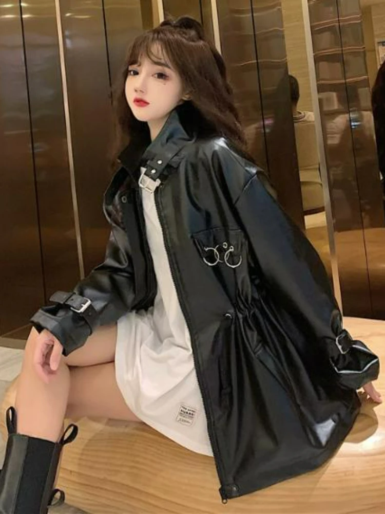Korean Style Motorcycle Leather Jacket Women Black Loose Thin PU Faux Leather Coat Female 2022 Autumn Streetwear Lady Chic Tops