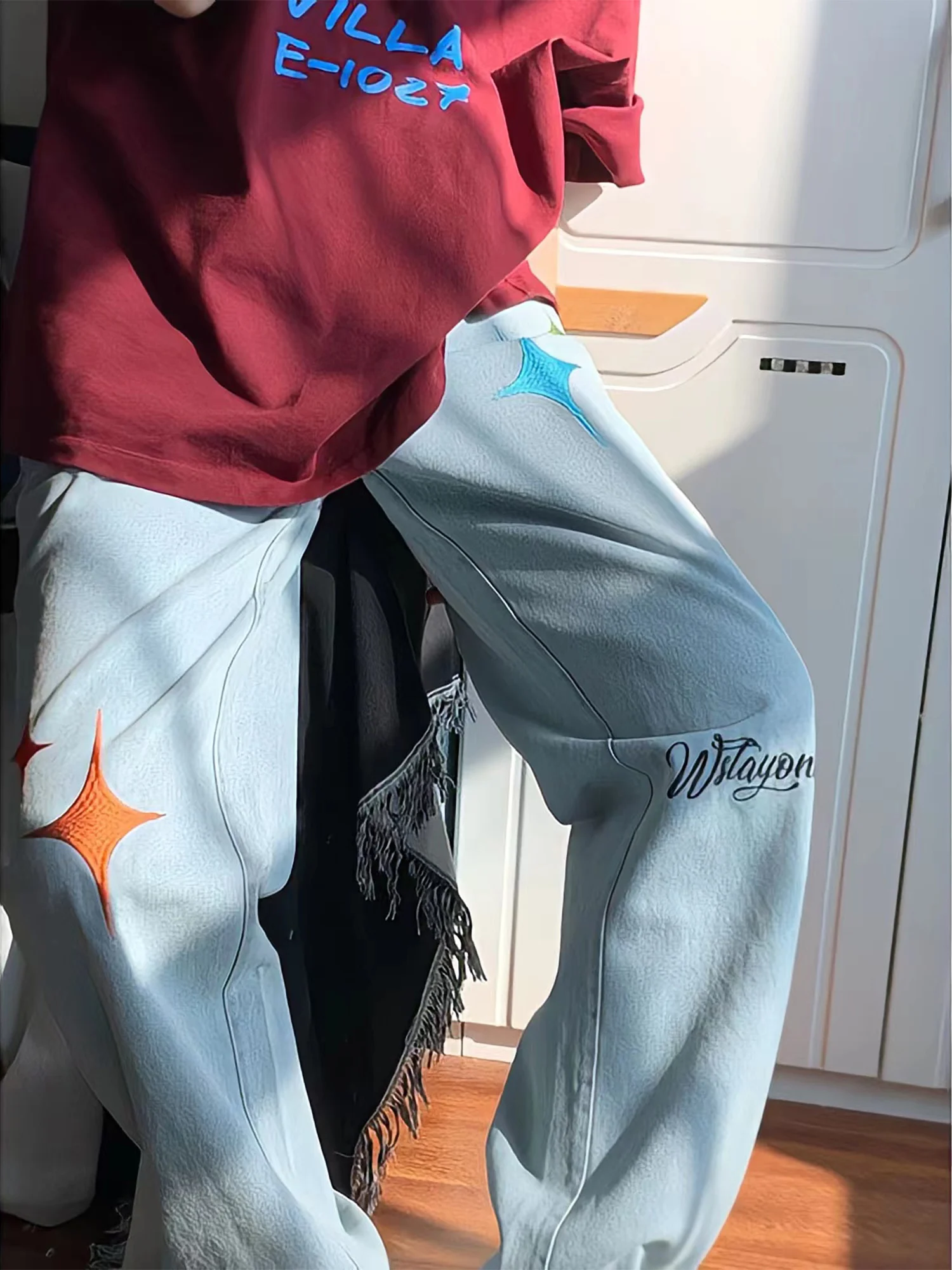 Y2k Embroidery Jeans High Waist Wide Leg Fashion Straight  Women Trousers Vintage Washed Distressed Cartoon Print Mopping Pants