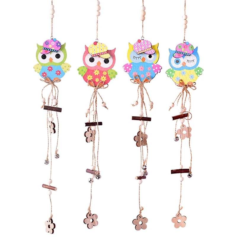 

4 Pcs Easter Pendants Wooden Owl Shaped Ornaments Owl Bell Hanging Decors