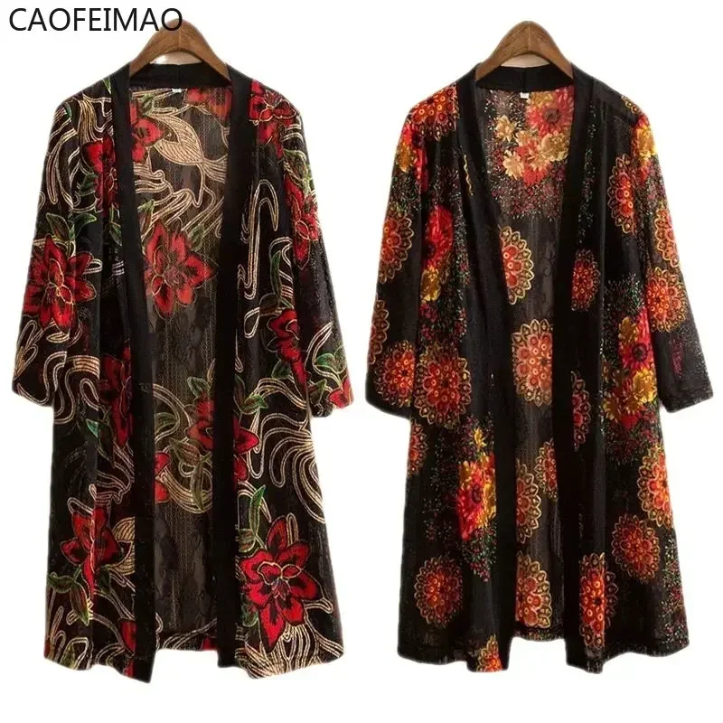 Caofeimao 2023 летний женский кружевной кардиган с принтом шаль средней длины тонкая