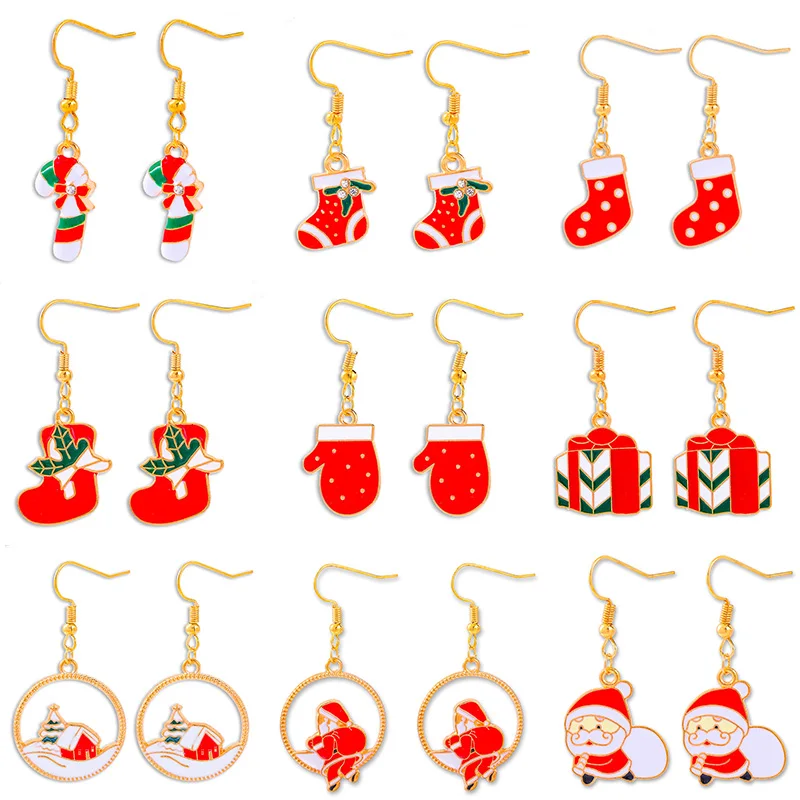

2023 Trendy Oil Drip Christmas Cartoon Drop Earrings Cute Delicate New Year Santa Claus Tree Bell Hanging Hook Earring Jewelry