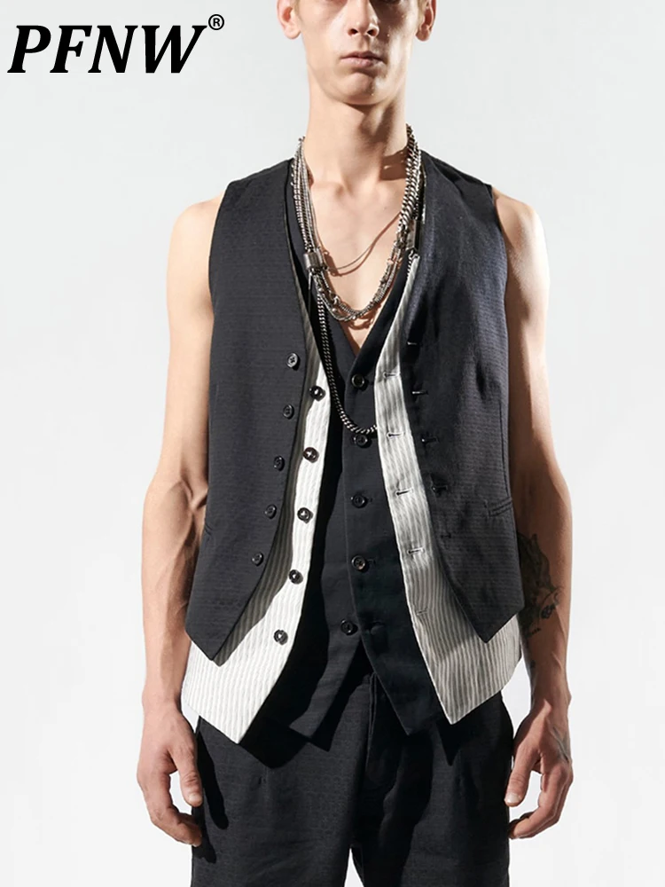 

PFNW темная одежда в японском стиле женский облегающий жилет из двух частей контрастных цветов для мужчин модные топы 12A4446