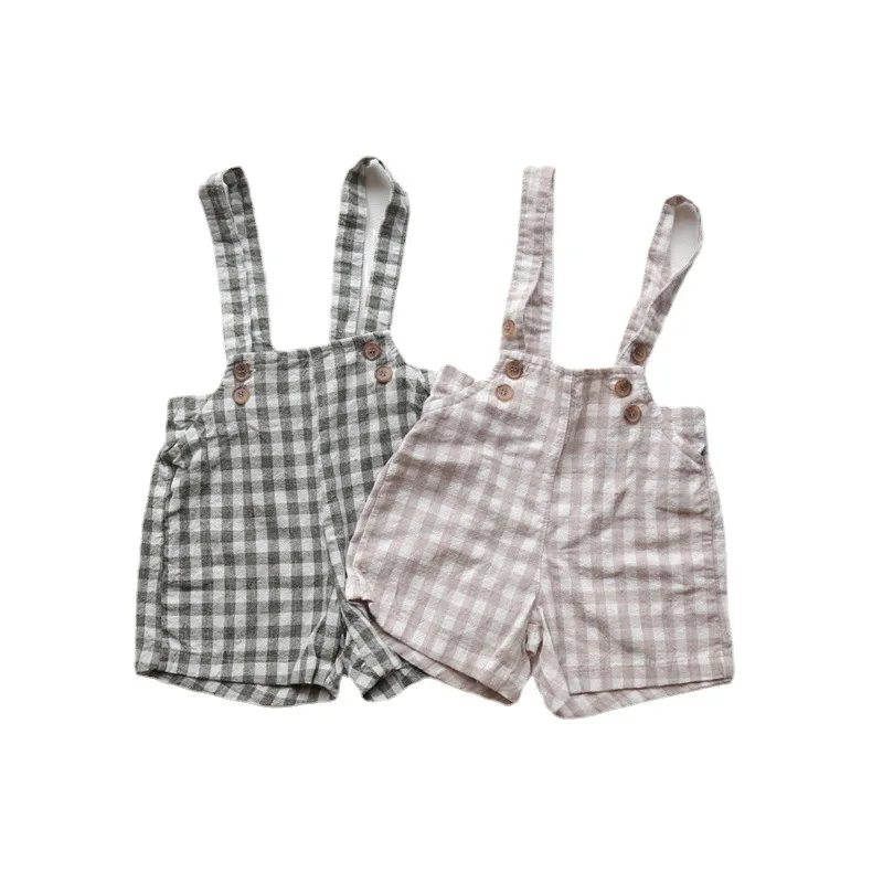Toddler Baby Plaid Shorts Boys Girls Cotton Suspender Short Pants Infant One Piece Kids Summer Overalls