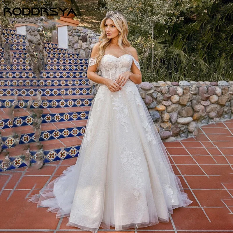 

RODDRSYA Beach Wedding Dress Sweetheart Off Shoulder Bridal Gowns Lace Appliques Sweep Train Plus Size Backless Vestido De Novia
