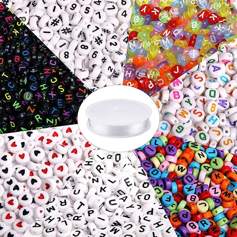 

1900 7-Color Round Alphabet Beaded Alphanumeric Bead With 1 Rolled Elastic Crystal Rope For Jewelry Making DIY Necklace Bracelet