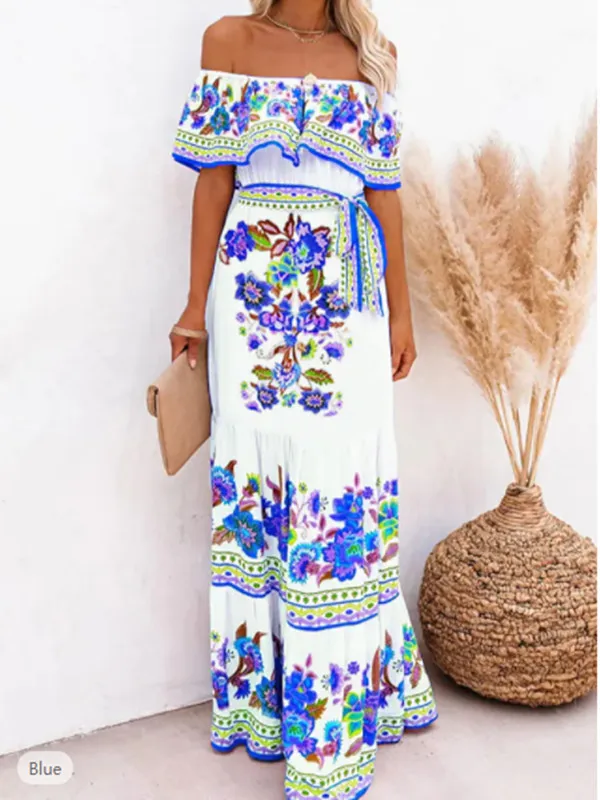 

Summer bohemian floral print loose dress 2023 Women sexy off shoulder slash neck sleeveless hem ruffle long maxi dress with sash