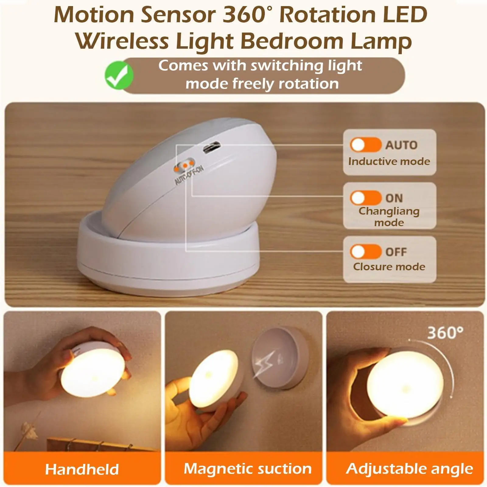 

360° Rotation Motion Sensor Led Wireless Light Bedroom Lamp Induction Energy-saving Rechargeable Body Pir Usb Automatic Lam K3v7