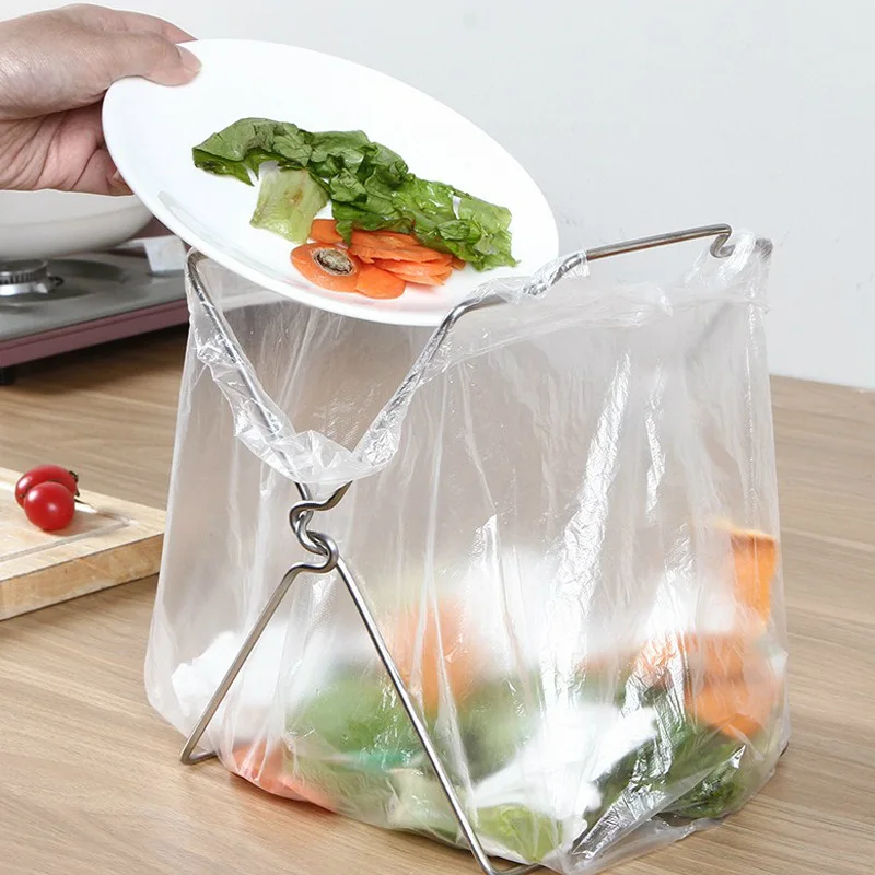 

Stainless steel kitchen garbage bag hanger Rack Stainless Steel New Creative Kitchen Rag Folding Garbage Clean Bags rack