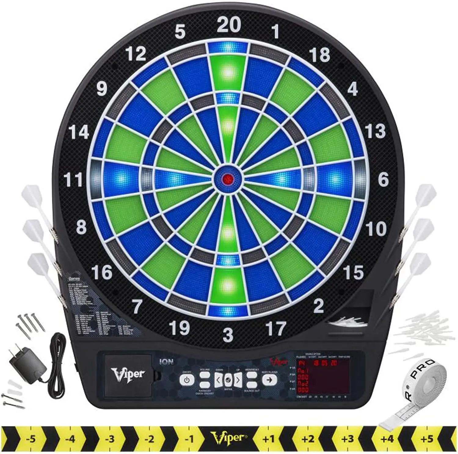 

Ion Electronic Dartboard, Illuminated Segments, Light Based Games, Green and Blue Segment Colors, Ultra Thin Spider to Increased