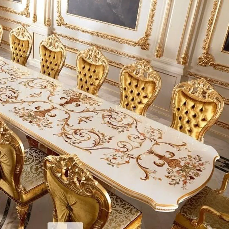 

Custom French palace villa dining table and chair combination European luxury solid wood carved high-end furniture