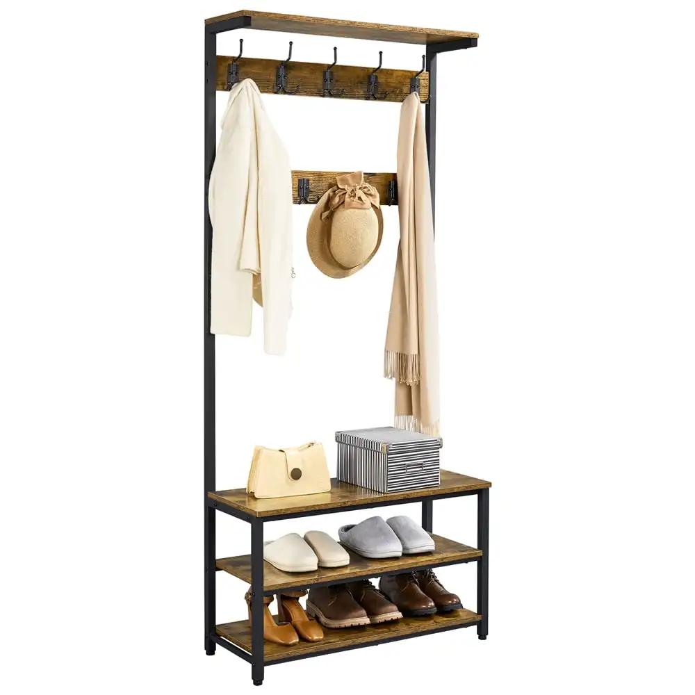 

Rustic Brown Room Furniture 72.5” Industrial Entryway Hall Tree With Bench and Shoe Storage Coat Racks Standing Coat Rack Wall