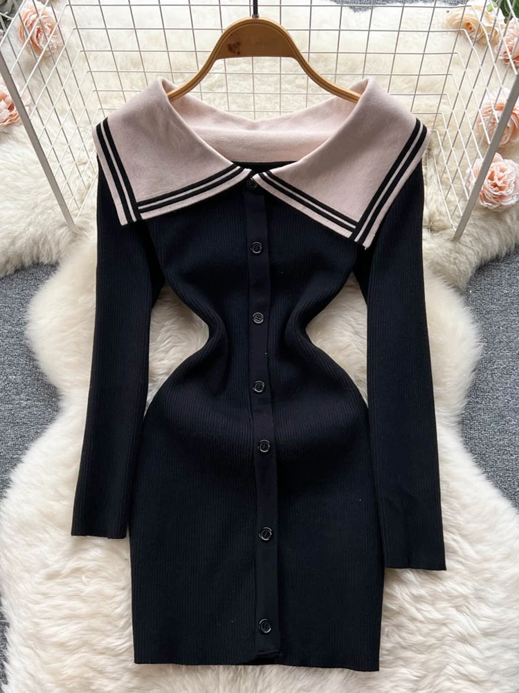 

YuooMuoo Fashion Y2K Big Collar Knitted Mini Dress Women Spring Autumn Long Sleeve Slim Elastic Wrap Hips Bodycon Dress Vestidos