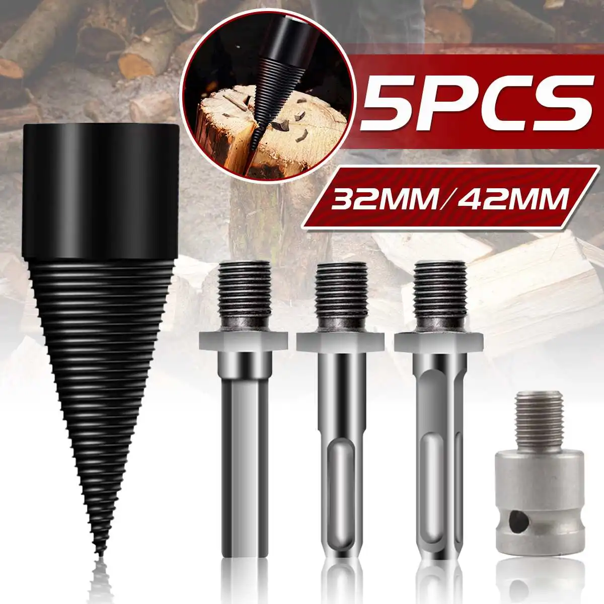 

5 PCS 42mm/32mm Firewood Splitter Drill Square/Round/Hexagon Shank Wood Cone Reamer Punch Driver Step Drill Bit Woodworking Tool
