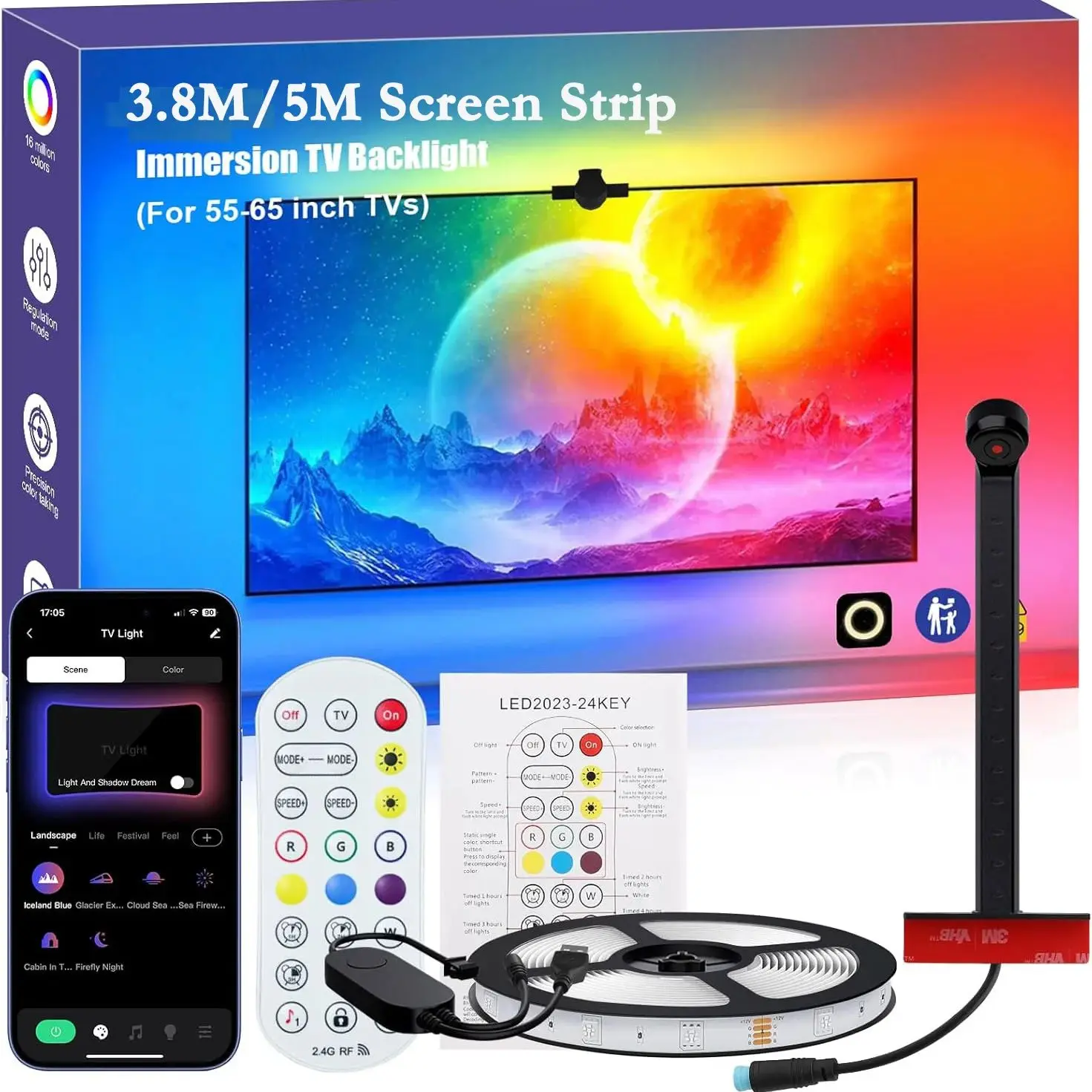 

TV LED Backlight with AR Sensors Sync to 55-65 Inch TVs Smart Bluetooth TV Backlight Strip Real-Time Synchronization Scene Modes