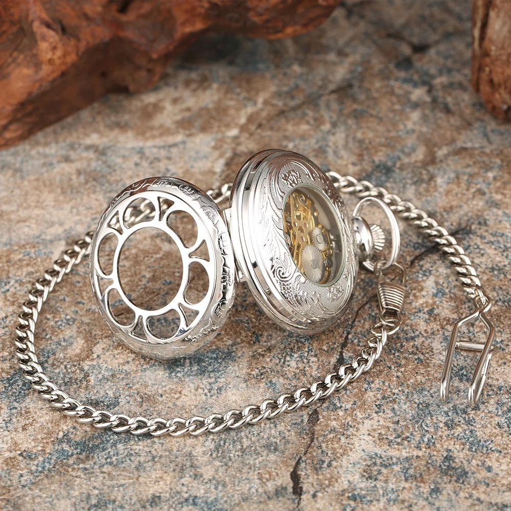 Silver Roman Numerals Dial Hand Winding Mechanical Pocket Watch Hollow Flower Display Elegant Vintage Fob Chain Manual Clock