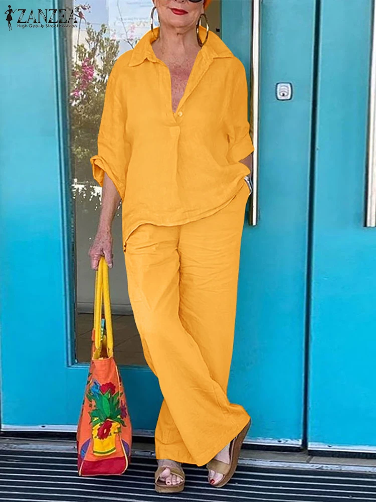 

2022 ZANZEA Women Vintage Matching Set Solid Color Lapel 3/4 Sleeve Blouse Wide Leg Pant Urban Tracksuit Elegant Fashion Suit