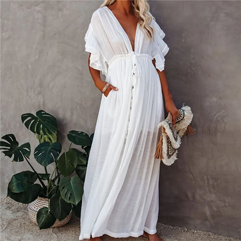

Sexy Bikini Cover-Ups Long White Tunic Casual Summer Beach Dress Elegant Women Beach Wear Swim Suit Cover Up High Quality